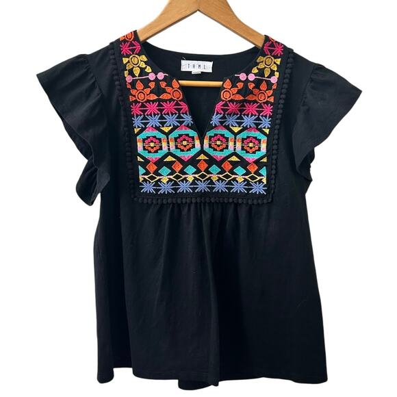 THML Embroidered Flutter Sleeve Black Top Womens Size Small Boho Peasant Style - Picture 2 of 10
